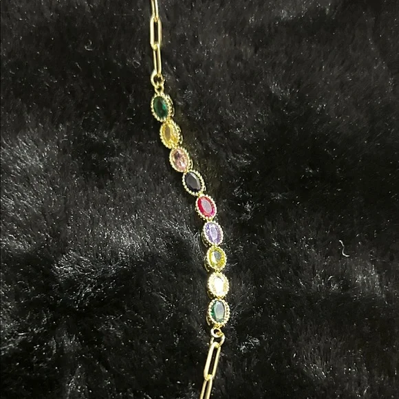 Multicolor Gemstone 14k Gold Plated Chain Bracelet NEW - Picture 4 of 6